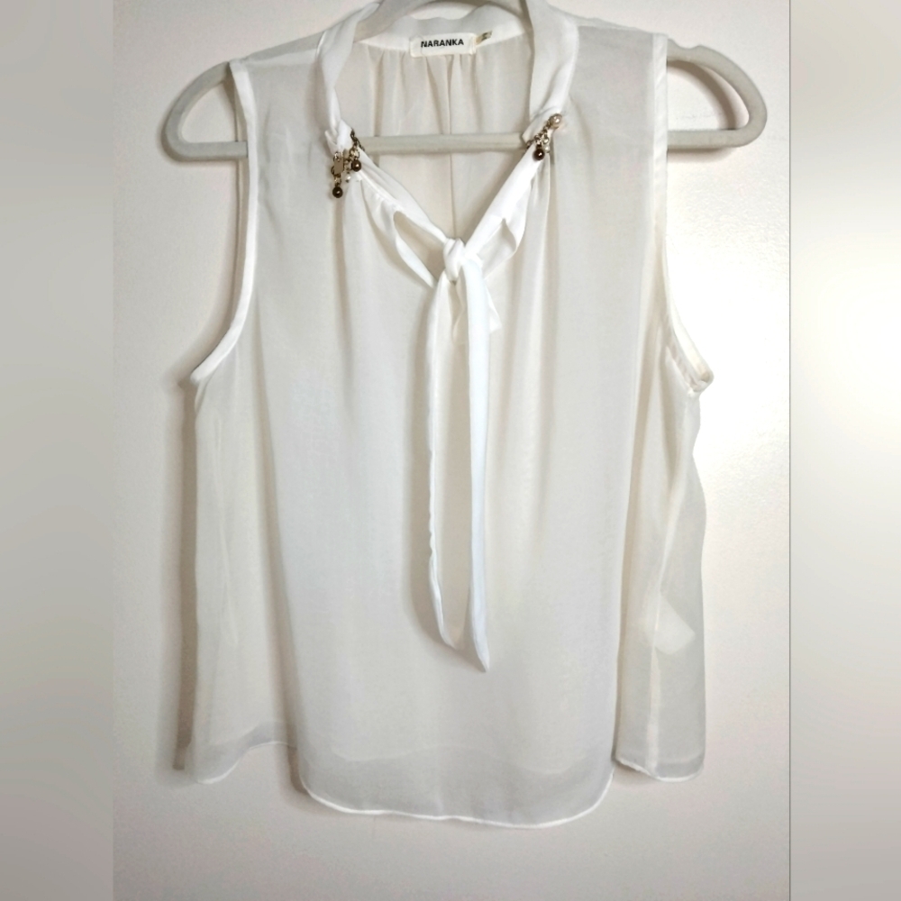 Naranka (Size L) White Sheer & Gold Charms Sleeveless Tie Keyhole Front  Blouse